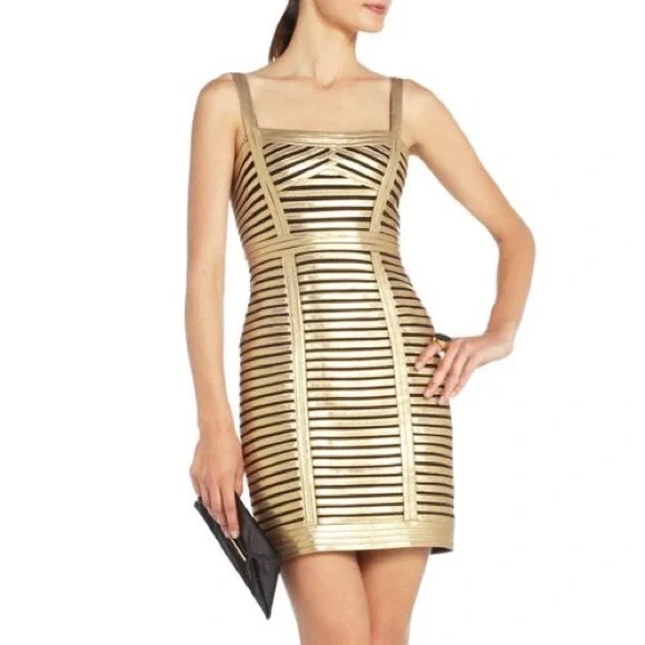 Bcbgmaxazria Beret Gold Metallic Bandage Dress 0